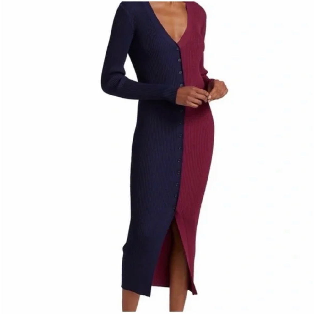 STAUD Navy and Burgundy Colorblock Midi Long Sleeve Ribbed Dress
